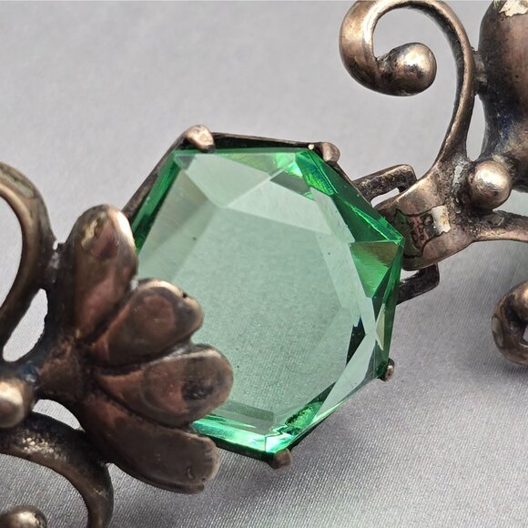 Art Nouveau Sterling Silver Demi-Parure Green Glass Floral Bracelet Earrings - Picture 9 of 16